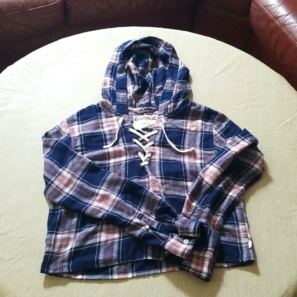Garage Hooded Plaid Shorty Top
